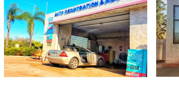 Open bay with Auto Registration & Smog signage and a silver car inside