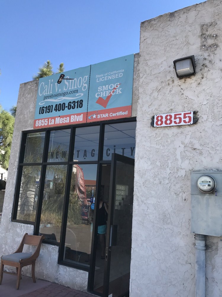 Cali v. Smog storefront entrance at 8855 La Mesa Blvd with the STAR Certified sign